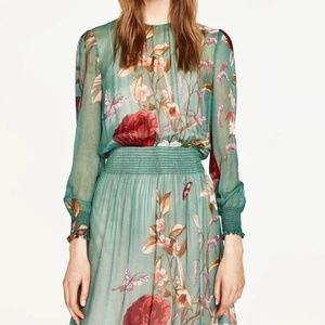 ZARA SEA GREEN AND RED FLORAL MIDI DRESS (with slip). SIZE: M